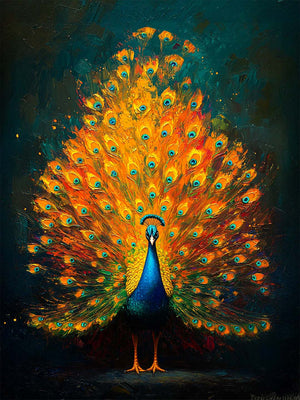 Un tableau d'art illustrant un paon majestueux avec sa queue déployée dans un éclat vibrant de teintes orange et bleues. Les détails du plumage semblent peints à l'huile, offrant un effet texturé et artistique. Cette toile ajoute une touche de luxe à tout intérieur.