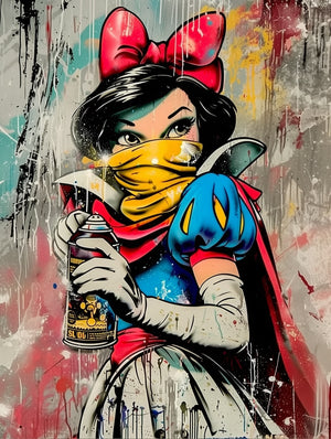 Art urbain coloré représentant une princesse avec un spray, style pop art vibrant