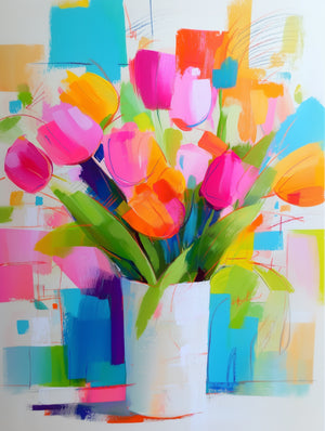 Bouquet de tulipes vives dans un style abstrait moderne coloré, ambiance printanière et énergique