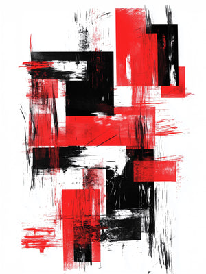 Œuvre abstraite sur fond blanc, composée de rectangles rouges et noirs superposés avec des effets de grattage. Style brut, dynamique, sans encadrement ni éléments décoratifs autour.