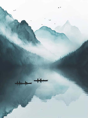 Illustration artistique de montagnes et d’un lac miroir avec des pêcheurs en barques. L’image baigne dans une brume bleue, créant une sensation de paix.