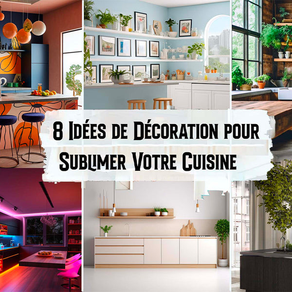 Montage coloré de cuisines design avec le texte “8 idées de décoration pour sublimer votre cuisine