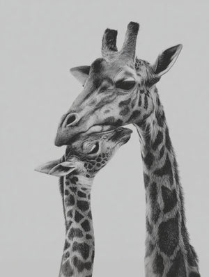 Illustration monochrome de girafes capturant la tendresse familiale, parfait pour un salon moderne