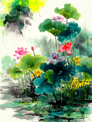Lotus et feuilles aquatiques en aquarelle colorée, ambiance zen et apaisante