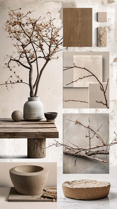 Mood board minimaliste aux couleurs neutres avec des textures naturelles comme le bois brut, la pierre, la céramique et des branches sèches. L’ensemble évoque une esthétique zen, artisanale et organique, parfaite pour inspirer une décoration apaisante et épurée