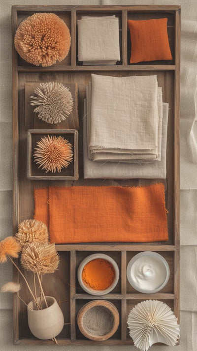 Mood board aux tons chauds avec des matières naturelles et des touches d’orange vitaminé. L’ensemble présente des tissus en lin beige et orange, des fleurs séchées, des pigments colorés et des textures minérales, créant une ambiance artisanale, douce et stimulante.