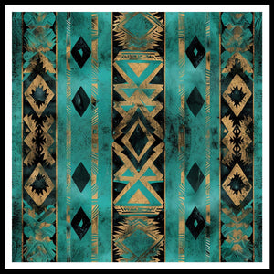 Un motif africain avec des formes géométriques dorées et noires sur un fond vert turquoise.