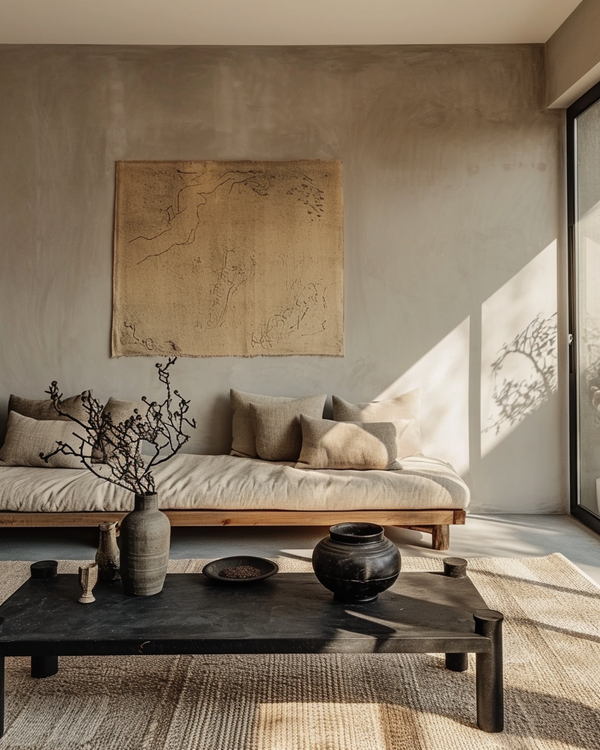 un salon à l’ambiance zen et minimaliste, baigné de lumière naturelle. Le mur beige en finition brute accueille une grande tenture murale texturée aux motifs organiques. Un canapé bas en bois clair, garni de coussins beiges, renforce la sensation de confort et de simplicité. Devant, une table basse noire en pierre ou métal mat contraste élégamment avec le tapis tressé au sol. Des objets décoratifs artisanaux (vases, poterie) sont disposés avec soin, et une branche nue ajoute une touche végétale épurée