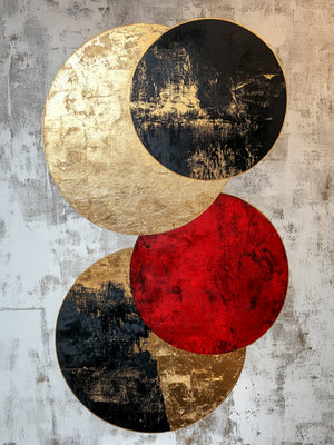 Un tableau abstrait mettant en avant des cercles dorés, noirs et rouges sur un fond texturé gris, idéal pour une décoration moderne et élégante.