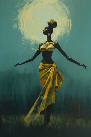 femme africaine dansant sur un champ vert, dans le style de l'or foncé et de l'aigue-marine, du réalisme délicat, de l'indigo foncé et du turquoise, de l'art inspiré par la foi, du pinceau épuré et élégant,