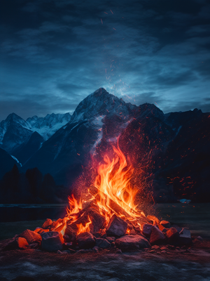 toile photo d'un Feu de bois en gros plan, en arrière-plan se trouvent de majestueuses montagnes suisses