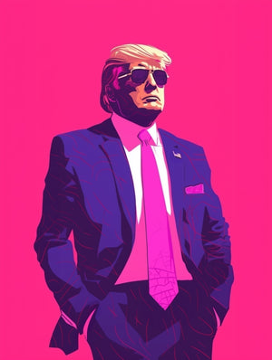 Le tableau "Donald Trump" en personnage de dessin animé, sur un fond rose vibrant, captivant par son originalité.