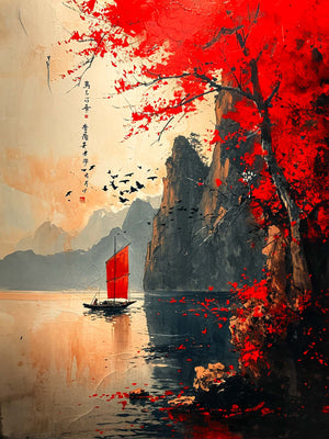 Tableau japonais fleuve rouge, voilier, montagnes embrumées.