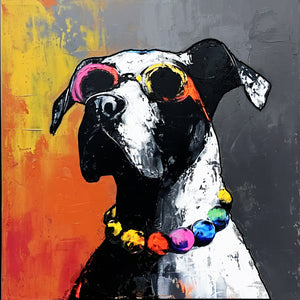 Peinture expressive d'un chien avec lunettes de soleil colorées.