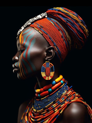 le tableau de Profil d'une femme noire met en valeur l'identité et la force de la femme africaine, magnifiquement mise en lumière par une parure de perles rouges