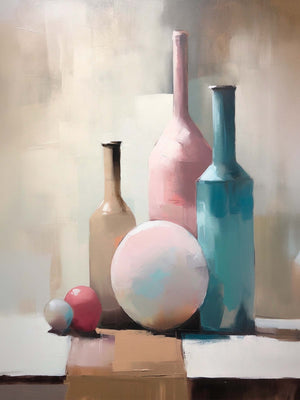 toile de peinture décorative, couleurs pales, vases, abstrait.