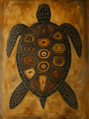 Grande peinture de tortue tribale suspendue dans un hall lumineux avec arcades, meuble en bois et plantes décoratives. Le décor met en avant l’aspect authentique et naturel de l’œuvre.