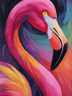 Tableau flamant rose vibrant aux nuances chaudes, style impressionniste pour une déco exotique