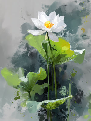Tableau de fleur de lotus blanche sur fond aquarelle vert et gris, style naturaliste apaisant