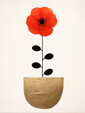 Tableau floral minimaliste avec fleur rouge et pot doré, style contemporain épuré