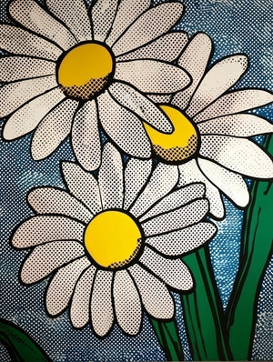 Tableau pop art représentant des marguerites en gros plan, effet pointillé et couleurs vives