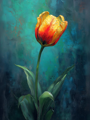 Tableau artistique d'une tulipe jaune et rouge sur fond vert, style impressionniste vibrant