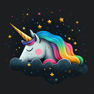 tableau licorne endormie sur nuage étoiles arc-en-ciel