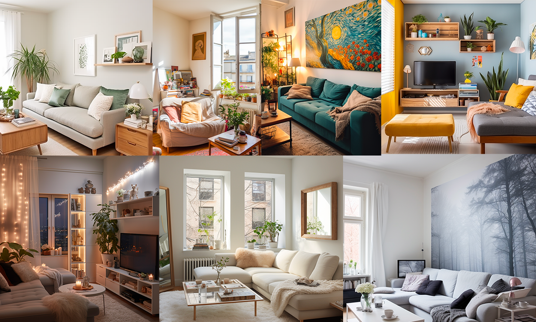 Montage de petits salons cosy et lumineux, décorés avec des plantes, tableaux, miroirs et meubles modernes.