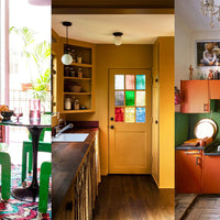 Trois cuisines au style marqué : pop colorée à gauche, rétro ocre au centre, et vintage orange à droite.