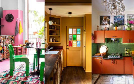 Trois cuisines au style marqué : pop colorée à gauche, rétro ocre au centre, et vintage orange à droite.