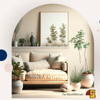 Salon épuré aux tons beiges et naturels, décoré de plantes, d’un tableau végétal apaisant et d’un canapé crème. Ambiance douce, zen et chaleureuse.