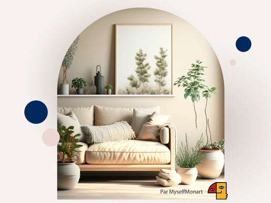 Salon épuré aux tons beiges et naturels, décoré de plantes, d’un tableau végétal apaisant et d’un canapé crème. Ambiance douce, zen et chaleureuse.