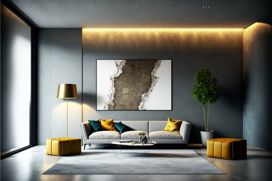 salon moderne avec un tableau XXL éclairer par un luminaire encastrer