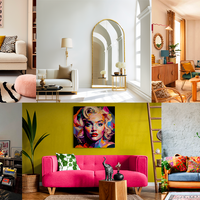 Montage d’idées déco pour salon moderne : couleurs vives, mobilier design, art mural et plantes vertes.