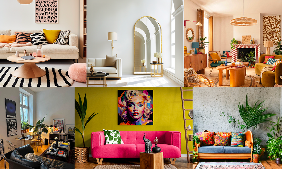 Montage d’idées déco pour salon moderne : couleurs vives, mobilier design, art mural et plantes vertes.