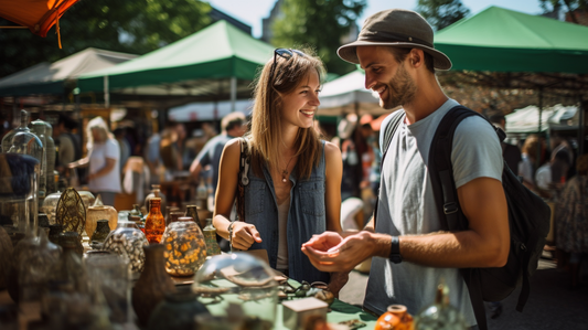 un homme et une femme qui cherche de la décoration dans un marche