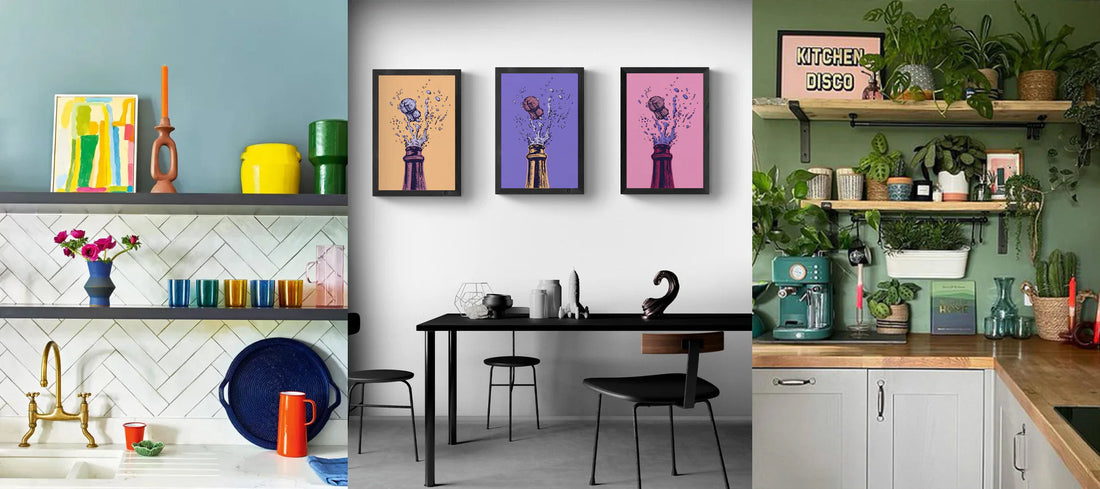 Trois ambiances de cuisine mettant en valeur l’art mural. À gauche, une déco vive avec objets colorés, crédence blanche en chevrons et touches artistiques. Au centre, un espace épuré avec trois tableaux pop art représentant des bouchons de champagne