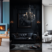 Trois styles de décoration de salon : scandinave avec poêle, baroque noir, et minimalisme en noir et blanc.