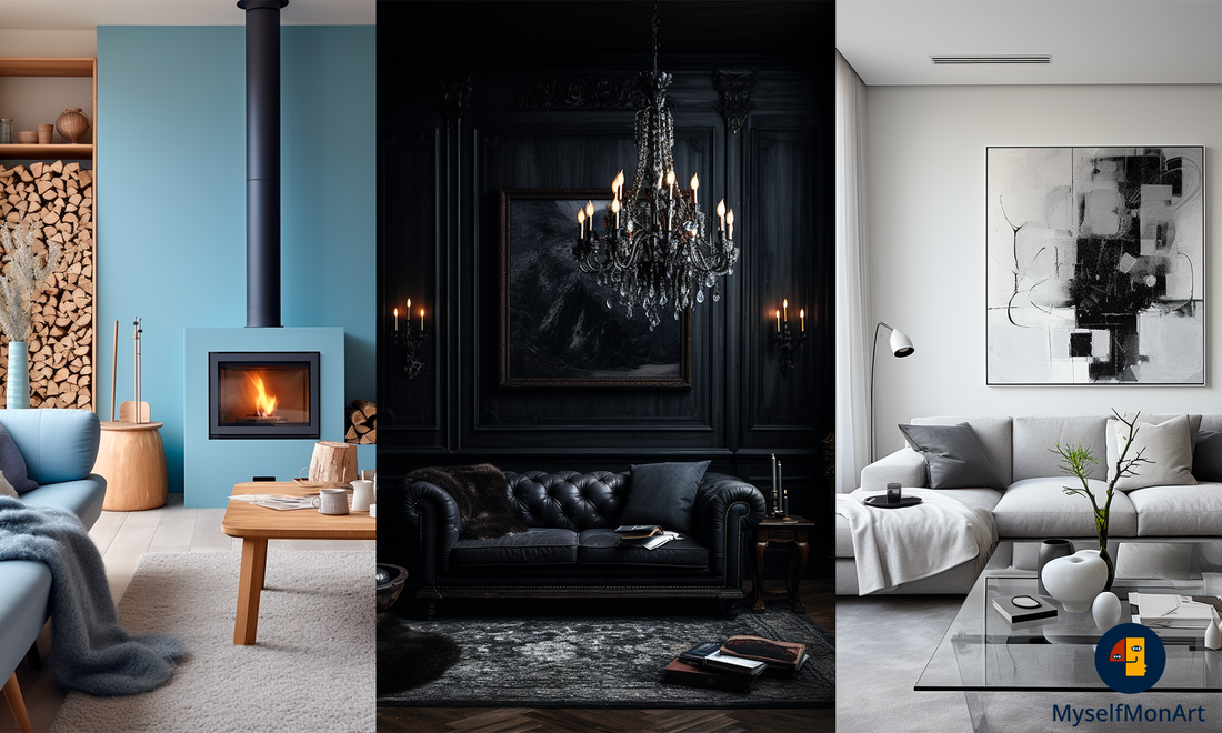 Trois styles de décoration de salon : scandinave avec poêle, baroque noir, et minimalisme en noir et blanc.