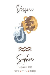 "Poster bébé : Signe Astrologique aquarelle illustrant le signe du Verseau avec une cruche versant de l’eau, accompagné du prénom et des informations de naissance. Design doux et épuré, idéal pour une décoration personnalisée dans une chambre d’enfant