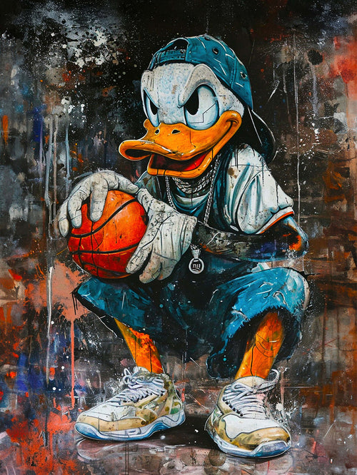Bestsellers : tableau street art représentant un Donald stylisé en joueur de basketball, vêtu d’une casquette et de vêtements urbains. Œuvre moderne et audacieuse, idéale pour une décoration dynamique et tendance.
