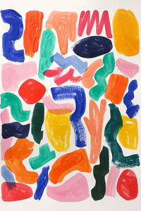 Affiche abstraite aux formes irrégulières et colorées peintes à la main, mélangeant des teintes vives de bleu, vert, rouge et orange sur fond blanc. Idéale pour une décoration moderne et artistique, apportant une touche dynamique à tout intérieur.