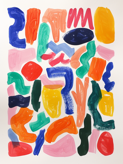 Affiche abstraite aux formes irrégulières et colorées peintes à la main, mélangeant des teintes vives de bleu, vert, rouge et orange sur fond blanc. Idéale pour une décoration moderne et artistique, apportant une touche dynamique à tout intérieur.