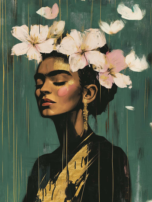 Tableau portrait représentant une Frida Kahlo élégante aux traits délicats, ornée de fleurs blanches dans les cheveux et d’accents dorés sur un fond vert texturé. Œuvre artistique raffinée, idéale pour une décoration murale moderne et poétique