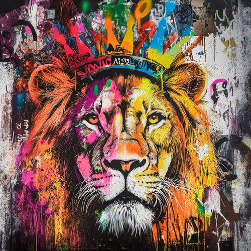 illsutration d'en un style street art d'un lion avec une couronne.  Graffiti éclaboussure de couleurs primaire sur un fond noire