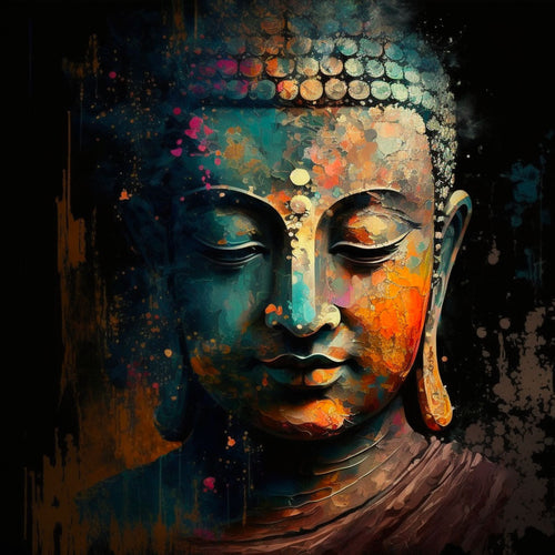 Portrait artistique de Bouddha, peint dans un style abstrait et coloré mêlant bleu, orange, rose et doré. Le visage apaisé du Bouddha se détache sur un fond noir, créant un contraste fort et spirituel.