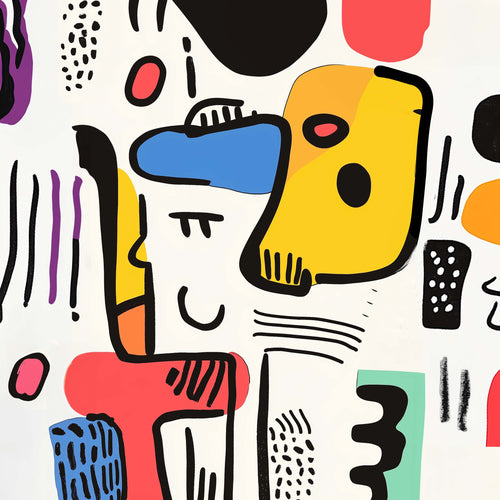 Papier peint coloré au design abstrait, combinant formes géométriques, lignes graphiques et touches de jaune, rouge, bleu et noir sur fond clair. Une décoration murale originale et contemporaine, apportant du caractère et du dynamisme à l’espace.