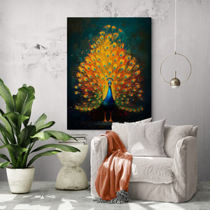 Mise en scène du tableau dans un salon lumineux. La toile est suspendue au-dessus d’un fauteuil blanc moderne avec des accents de textile orange vif. La pièce respire une ambiance contemporaine et accueillante, rehaussée par des plantes vertes et des tons clairs.