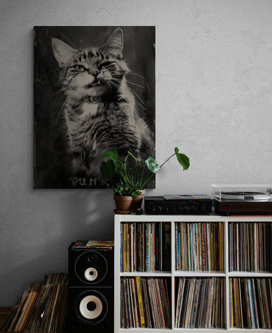 Portrait d'un chat allure rebelle au-dessus d’un meuble de rangement à vinyles. Enceintes et plante ajoutent un style vintage avec une touche musicale.

