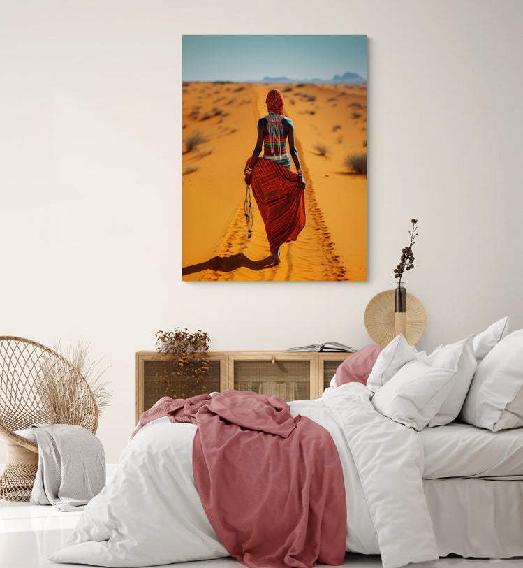 Ambiance naturelle et cosy de la chambre adulte avec une toile photo de paysage africain 